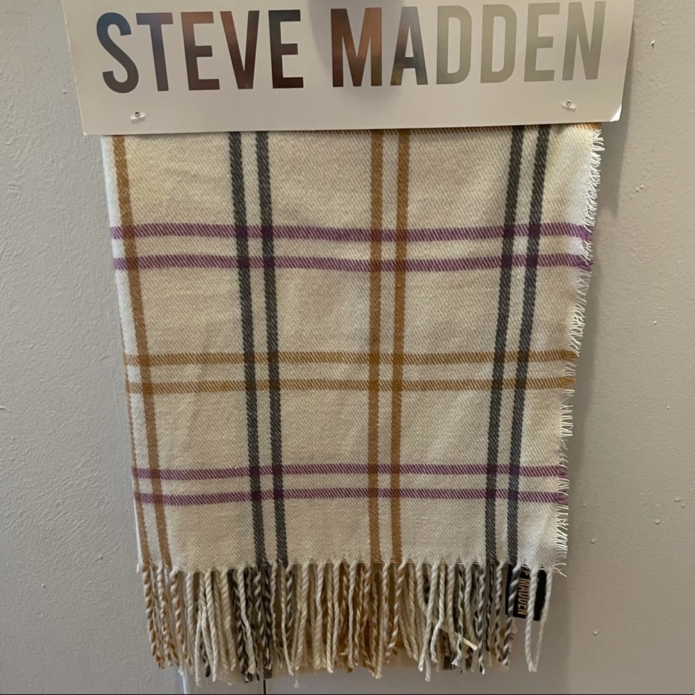 Steve Madden Cream Plaid Fringe Scarf with Purple, Mustard & Gray Stripes